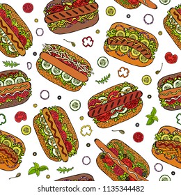 Hot Dog Seamless Endless Pattern. Many Ingredients. Restaurant or Cafe Menu Background. Street Fast Food Collection. Realistic Hand Drawn High Quality Vector Illustration. Doodle Style.