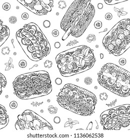 Hot Dog Seamless Endless Pattern. Many Ingredients. Restaurant or Cafe Menu Background. Fast Food Collection. Realistic Hand Drawn High Quality Vector Illustration. Doodle Style.