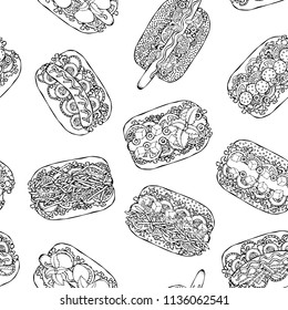 Hot Dog Seamless Endless Pattern. Many Ingredients. Restaurant or Cafe Menu Background. Fast Food Collection. Realistic Hand Drawn High Quality Vector Illustration. Doodle Style.