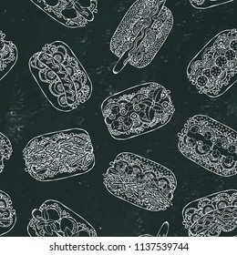 Hot Dog Seamless Endless Pattern. Many Ingredients. Restaurant or Cafe Menu Background. Fast Food Collection. Realistic Hand Drawn High Quality Vector Illustration. Doodle Style. Black Chalkboard.