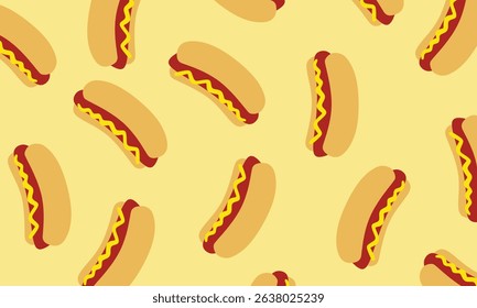 Hot dog seamless pattern background wallpaper decoration, Hot dog seamless texture. Background of food. fast food