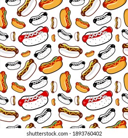 Hot Dog Seamless Pattern Cartoon Vector, Modern Sandwiches Fast Food Popular Junk Snack Template Idea