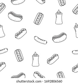 Hot Dog Seamless Pattern In Cute Doodle Style Vector Illustration Suitable For Background 