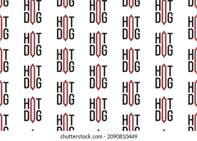 Hot Dog Seamless Pattern Design. Vector Pattern Template. Repeating geometric pattern illustration of a combined logotype of the word hot dog with a logomark of a sausage in the hot color red. EPS10