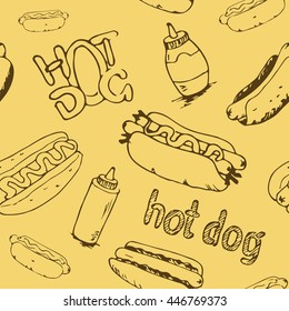 Hot dog seamless pattern. Fast food background. Hand drawn repeating texture from sketches of hotdogs, text labels and plastic bottles with mustard and mayonnaise. EPS8 vector illustration.