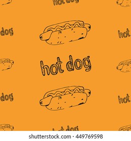 Hot dog seamless pattern. Fast food texture. Continuous background from hand drawn sketches of hotdogs with ketchup, mustard or mayonnaise. EPS8 vector illustration.