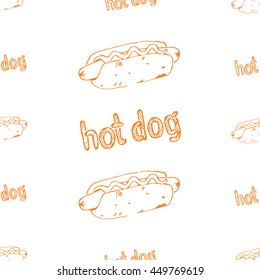 Hot dog seamless pattern. Fast food texture. Continuous background from hand drawn sketches of hotdogs with ketchup, mustard or mayonnaise. EPS8 vector illustration.