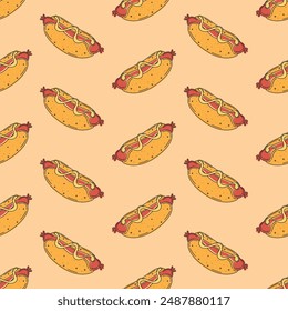 hot dog seamless pattern, food flat illustration, cartoon hand drawn style