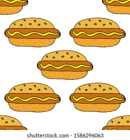 Hot dog. Seamless pattern. hand drawn vector illustration.   doodles or cartoon style.
