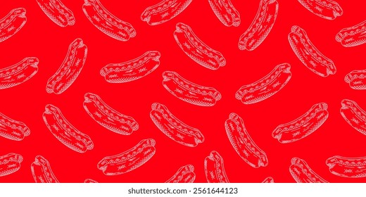 Hot dog seamless pattern. Hand drawn sketch style fast food illustration. Red background