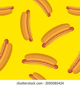 Hot dog seamless pattern on yellow background. Sandwich grilled sausage in crispy bun wallpaper. Fast food vector isolated eps illustration for cafe and restaurant advertising