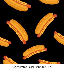 Hot dog seamless pattern on black background. Sandwich grilled sausage in crispy bun wallpaper. Fast food vector isolated eps illustration for cafe and restaurant advertising
