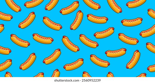 Hot dog seamless pattern on blue background. Hot dog motif cartoon with mustard and ketchup. Vector illustration