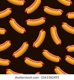 Hot dog seamless pattern on black background. Hot dog motif cartoon with mustard and ketchup. Kitchen , backdrop, food wrapper