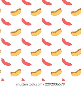 Hot Dog nahtloses Muster. Wurst-Snack mit Ketschup und Senf. Amerikanische Fastfood-Tapete.