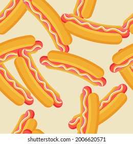 Hot dog seamless pattern. Summer banner with fast food icon. Flat vector illustration for poster, menus, brochure and web pages.	
