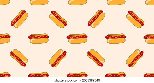 Hot dog seamless pattern. Vector hot dog background for design. Food concept.