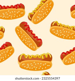 Hot dog seamless pattern. Vector illustration on the theme of National Hot Dog Day. Garnished with hot dogs with ketchup or mustard