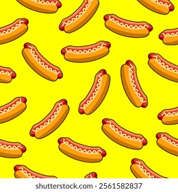 Hot dog seamless pattern. Yellow background. Hot dog motif cartoon with mustard and ketchup for backdrop, food wrapper