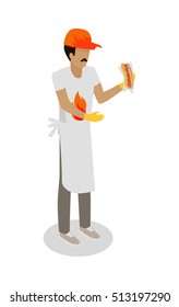 Hot dog seller with fresh cooked hotdog isolated. Street food vendor. Unhealthy food salesman. Restaurant worker. Human market seller. Shop worker, chief face. Delivery man icon. Vector illustration