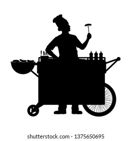 Hot Dog Seller With His Street Food Cart Silhouette Vector