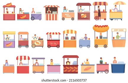 Hot dog seller icons set cartoon vector. Kiosk stand. Seller american