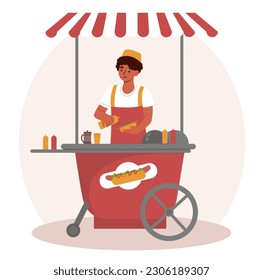 Hot dog seller. Man stands with rolls and sausage in cart in uniform. Fast and street food and catering, junk meal. Young guy adds mustard and ketchup. Cartoon flat vector illustration