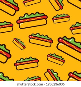 Hot Dog semaless pattern on yellow background. Vibrant colorful hot dog vector pattern in flat style. Sandwich seamless pattern for wrapping, texture and print. Background for cafe and fastfood