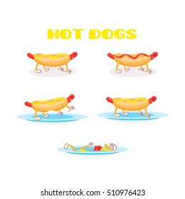 Hot dog set. Cartoon hot dog live. Comic characters. Cute food