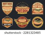 Hot dog set colorful stickers for advertising materials cafes and bars of street food preparing American sausage sandwiches vector illustration