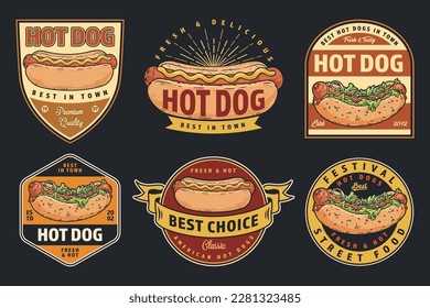 Hot dog set colorful stickers for advertising materials cafes and bars of street food preparing American sausage sandwiches vector illustration