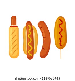 Hot dog set. Fast food icon. Design element for your poster, web page, menu, brochure, flyer. Vector illustration in trendy flat style isolated on white background.