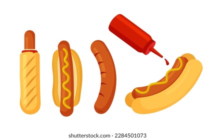 Hot dog set with ketchup bottle. Fast food icon. Design element for your poster, web page, menu, brochure, flyer. Vector illustration in trendy flat style isolated on white background.