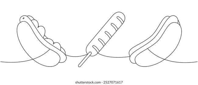 Hot dog set one line continuous drawing. Hotdog, hot dog, corn dog continuous one line illustration. Vector linear illustration.