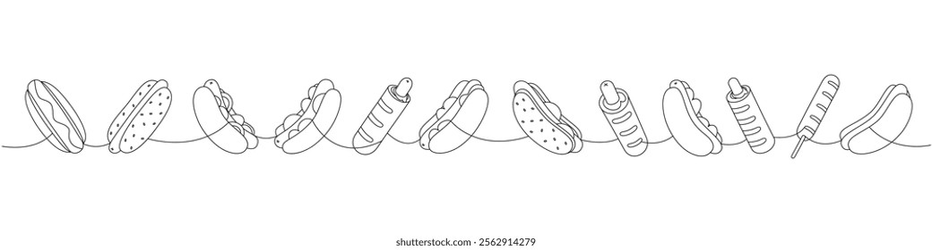 Hot dog set one line continuous drawing. Hotdog, French hot dog, corn dog continuous one line illustration. Vector linear illustration.