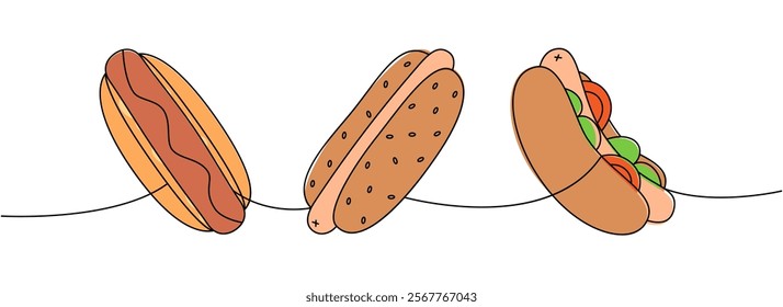 Hot dog set one line colored continuous drawing. Long buns, wiener sausage, vegetables, sauces. Vector linear illustration.