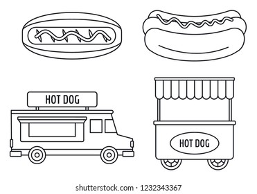 Hot dog shop cart icon set. Outline set of hot dog shop cart vector icons for web design isolated on white background