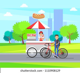 Hot dog shop on carts vector store wheels selling sausages in bun, seller and consumer on bicycle, city park buildings and green trees on backdrop