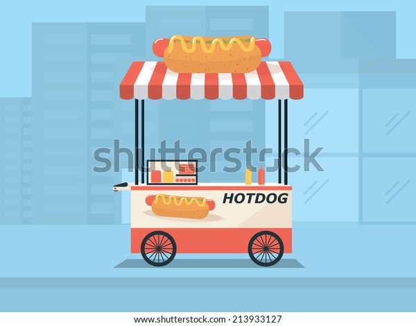 Hot dog shop, street cart\
in city