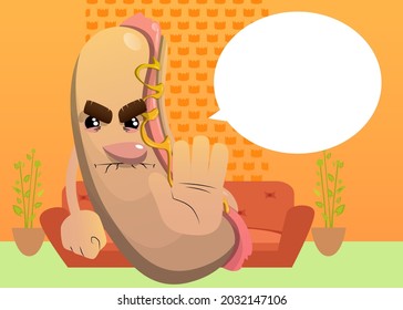 Hot Dog showing deny or refuse hand gesture. American fast food as a cartoon character with face.