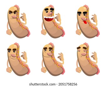 Hot Dog showing ok sign. American fast food as a cartoon character with face.