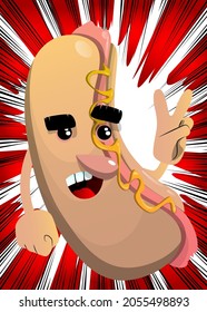 Hot Dog showing the V sign, peace hand gesture. American fast food as a cartoon character with face.