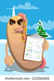 Hot Dog shows finance report. American fast food as a cartoon character with face.