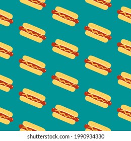 Hot Dog sign vector seamless pattern background. Fried sausage in bun, mustard cartoon design element. Fast food icon on blue background decorative wallpaper illustration. Hot Dog Day holiday template