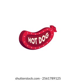 Hot Dog signboard in the shape of a sausage flat icon. Red lamp sign, bright emblem, light banner, billboard for fast food cafe, street restaurant. Vector cartoon illustration isolated