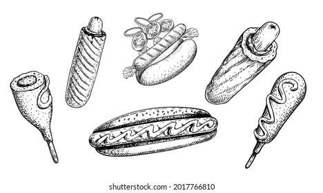 Perro caliente en la colección de estilos de esbozo. Clásico, perrito francés y perro de maíz. Estilo vintage dibujado a mano. Mejor para el menú y el embalaje. Ilustraciones vectoriales.