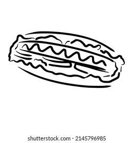 hot dog sketch in vintage black line illustration style for restaurant cafe menu