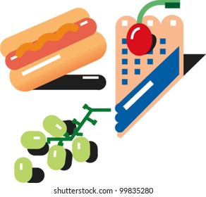 A hot dog, a slice of blueberry pie and some green grapes