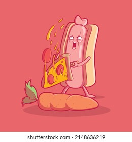 Hot Dog slicing a carrot with pizza slice vector illustration. Food, funny, comic design concept.