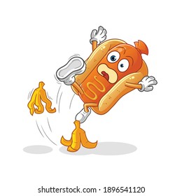 hot dog slipped on banana character. cartoon mascot vector